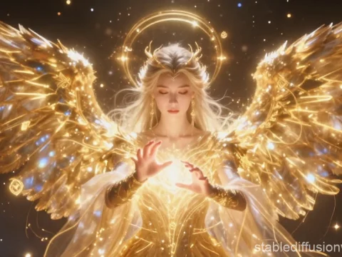 Lumiel Channels Celestial Energy with Radiant Golden Wings