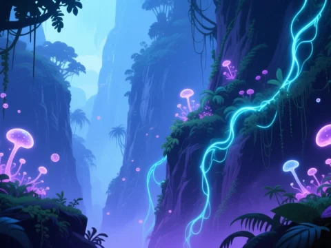 Luminous Fantasy Jungle Cliffs with Glowing Mushrooms