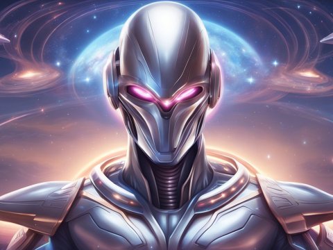 Luminous Galactic Metallic Robot with Glowing Eyes