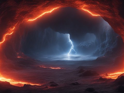 Luminous Lava Cave with Electric Storm