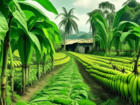 Lush Banana Farm with Rows of Green Bananas and Tropical Trees