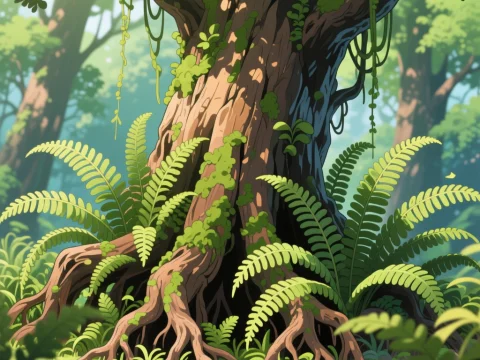 Lush Forest Tree with Ferns and Vines