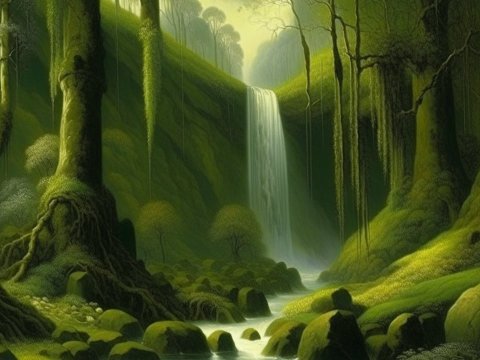 Lush Forest with Waterfall in Soft Light