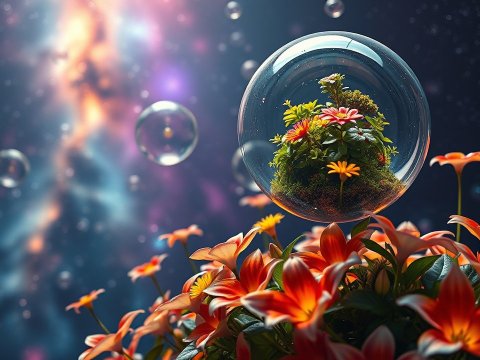 Lush Garden Encased in Floating Glass Orbs in Cosmic Space