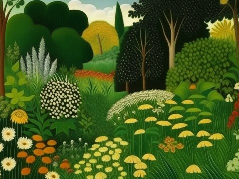 Lush Green Garden with Vibrant Flowers and Trees