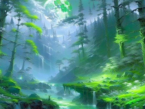 Lush Mystical Forest with Waterfalls and Mist