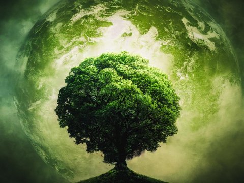 Lush Tree Against a Glowing Green Earth