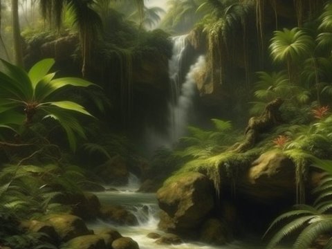 Lush Tropical Waterfall in Dense Jungle