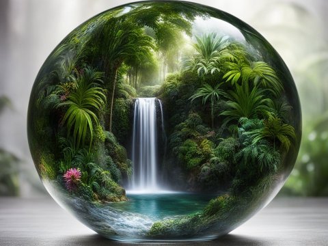 Lush Waterfall Jungle Encapsulated in Crystal Sphere