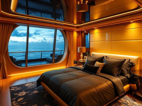 Luxurious Bedroom with Ocean View and Warm Ambient Lighting