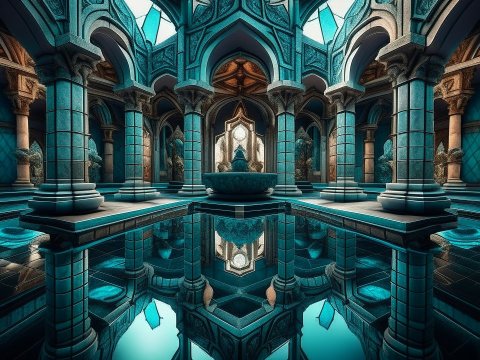 Luxurious Blue-Toned Architectural Interior with Reflective Pool