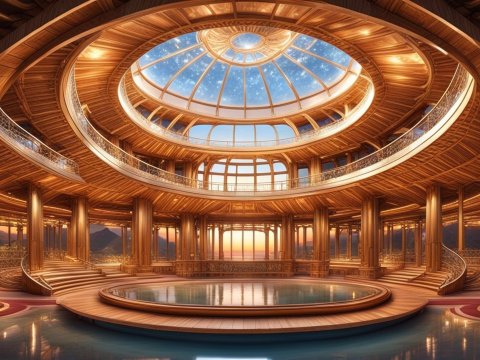 Luxurious Circular Wooden Interior with Glass Dome Ceiling