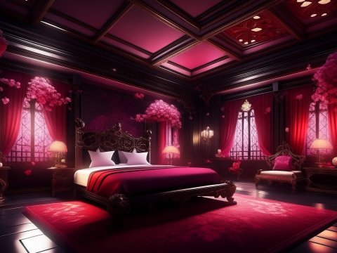 Luxurious Gothic Bedroom with Pink Ambient Lighting