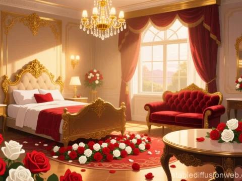 Luxurious Hotel Suite with Elegant Red and Gold Decor