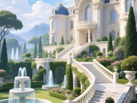 Luxurious Mansion with Elegant Gardens and Cosmic Sky