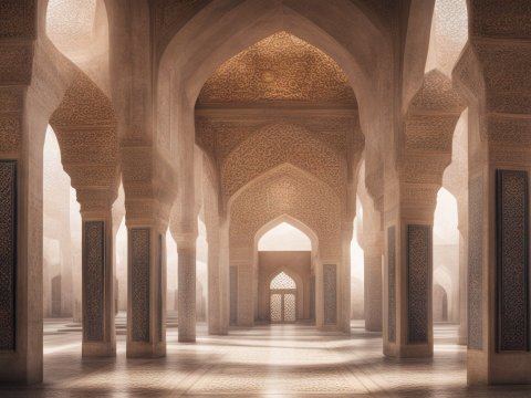 Luxurious Mosque Interior with Ornate Arches and Columns