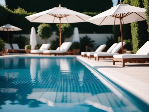 Luxurious Poolside Lounge with White Umbrellas