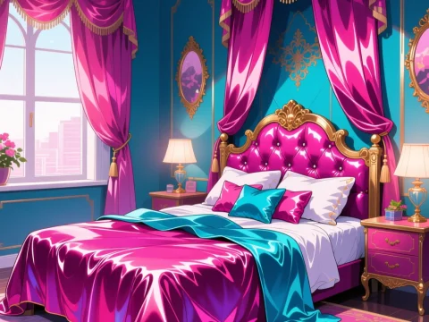 Luxurious Satin Bedroom with Bold Pink and Blue Accents