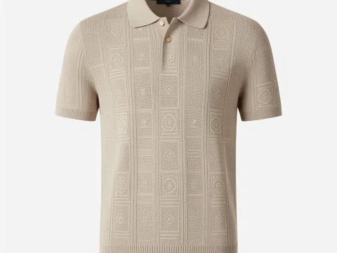 Luxury Beige Knit Polo Shirt with Textured Pattern