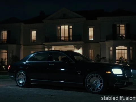 Luxury Black Sedan Parked Outside Elegant Mansion at Night