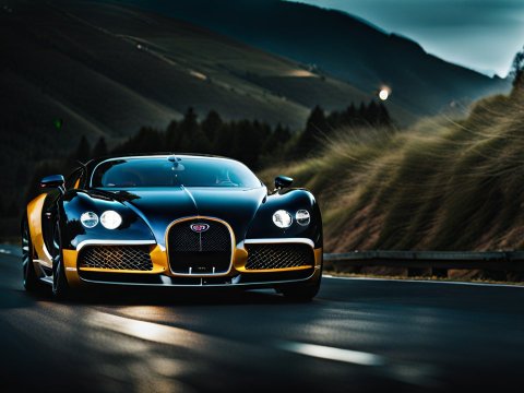 Luxury Bugatti Sports Car on Mountain Road at Dusk