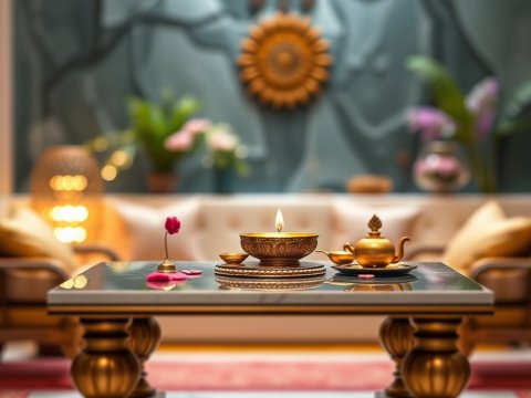 Luxury Living Room with Ornate Golden Decor and Candlelight