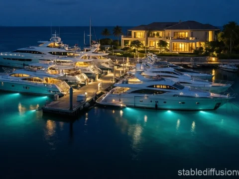 Luxury Marina at Night with Illuminated Yachts