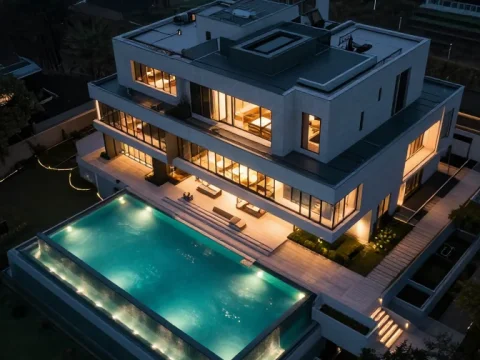 Luxury Modern Mansion with Illuminated Pool at Night