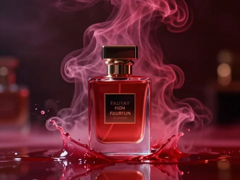 Luxury Red Perfume Bottle with Artistic Smoke and Splash