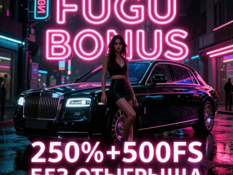 Luxury Sedan with Neon FUGU BONUS Sign and Woman