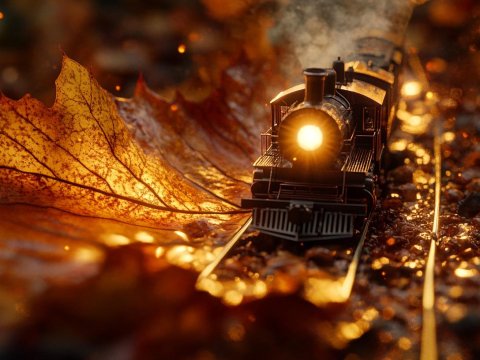 Macro Shot of Miniature Train on Autumn Leaf Track