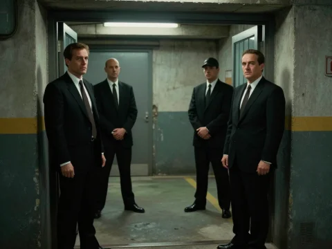 Mafia Guards Standing in Underground Corridor