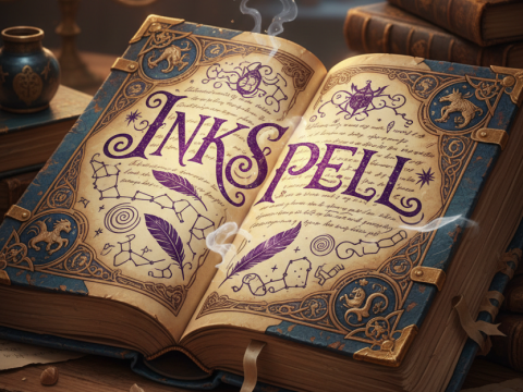 Magical Ancient Spellbook Open on Wooden Table