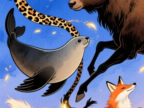 Magical Animals with Twisting Tails in a Twilight Landscape