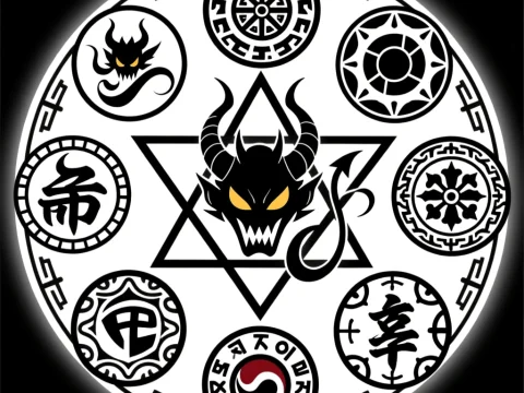 Magical Asian Symbolic Circle with Demon and Ancient Glyphs