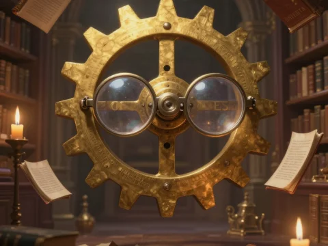 Magical Clockwork Gear with Floating Books in Ancient Library