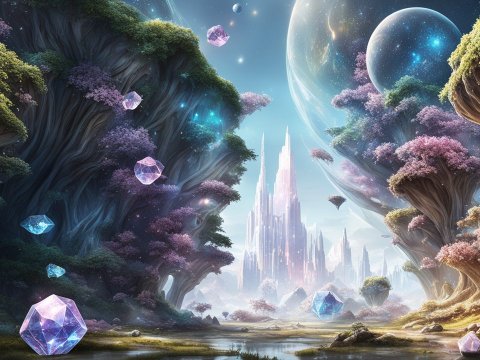 Magical Crystal Forest with Floating Gems and Futuristic City