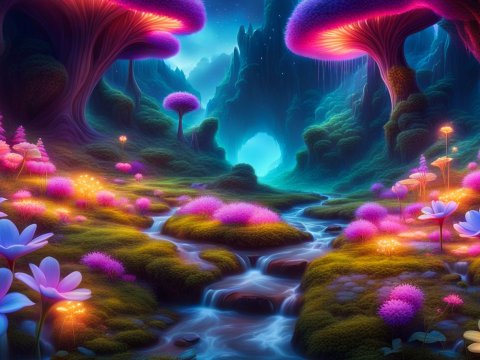 Magical Enchanted Forest with Glowing Flora and Flowing Stream