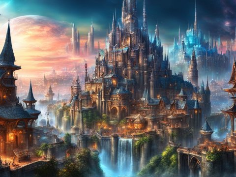 Magical Fantasy City with Towering Spires and Waterfalls