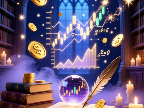 Magical Finance Book with Floating Coins and Charts