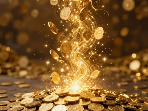 Magical Golden Coins Rising with Sparkling Light