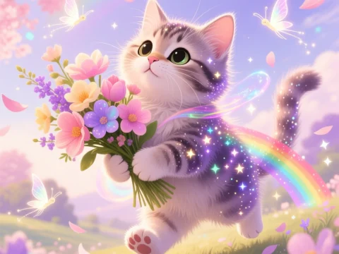 Magical Kitten with Rainbow and Flowers
