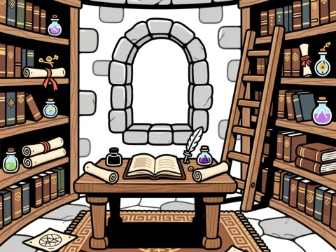 Magical Library Interior with Ancient Books and Potions