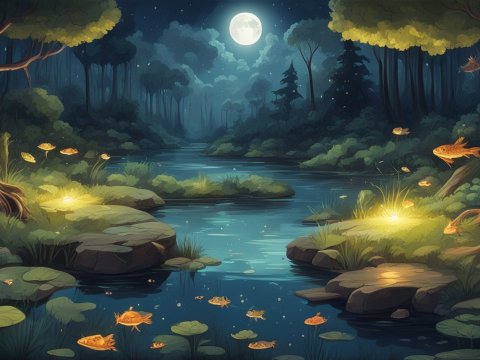 Magical Moonlit Forest Stream with Glowing Fish