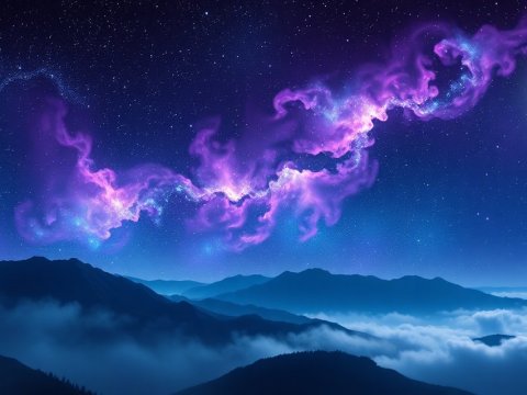 Magical Night Sky with Purple Nebula and Full Moon