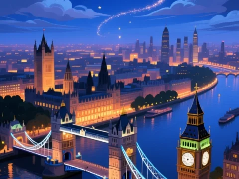 Magical Night Skyline of London with Tower Bridge and Big Ben