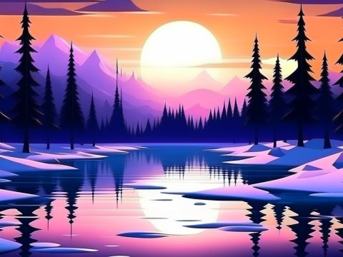 Magical Sunset Over Snowy Mountain Lake