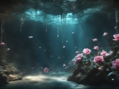 Magical Underwater Cave with Blooming Pink Roses