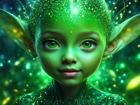 Magical Young Green Elf with Sparkling Skin