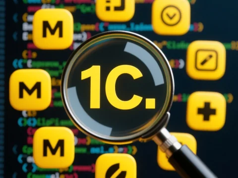 Magnified 1C Enterprise Software Icons on Code Background